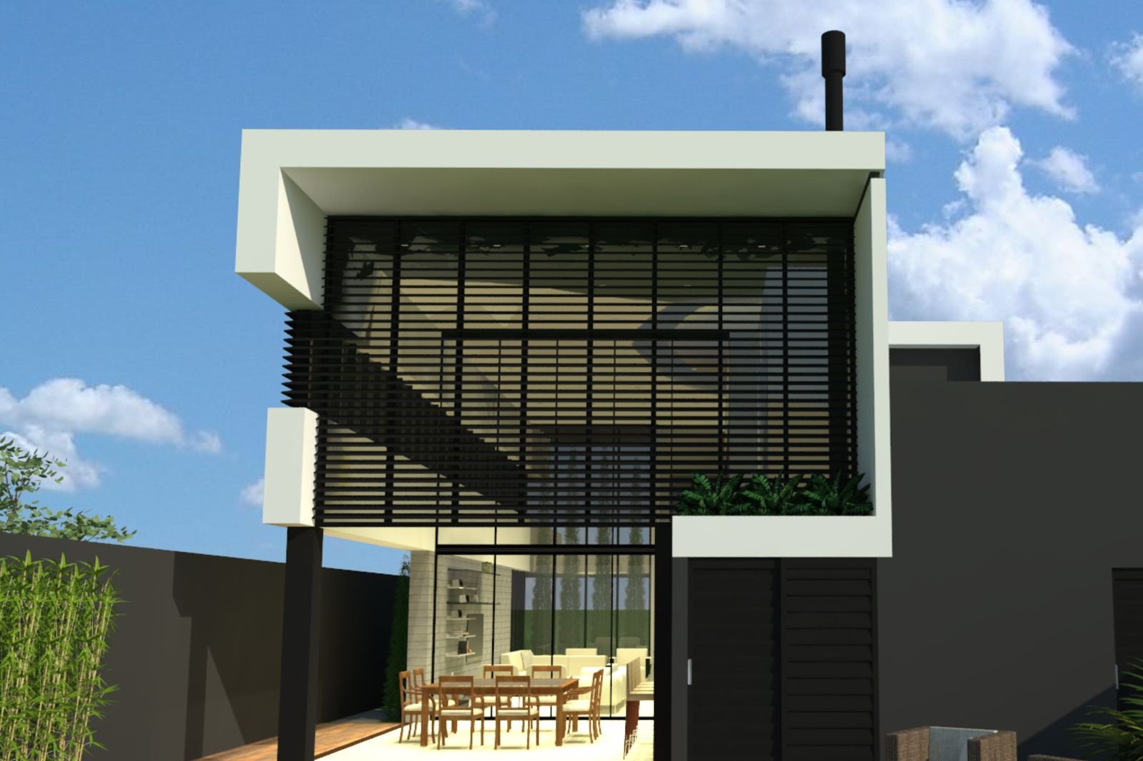 Imagem do projeto de uma residência unifamiliar com fachada em concreto e brises de madeira, elaborado pela COMBRAPE