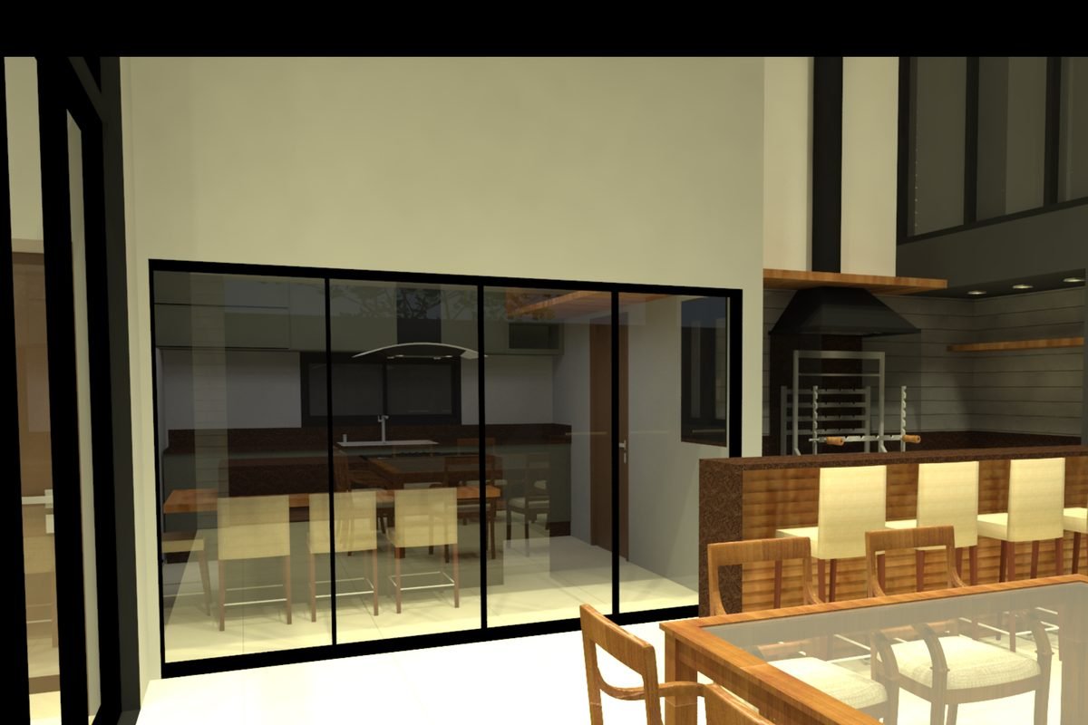 Imagem tridimensional do espaço gourmet de uma residência, com cozinha integrada e churrasqueira