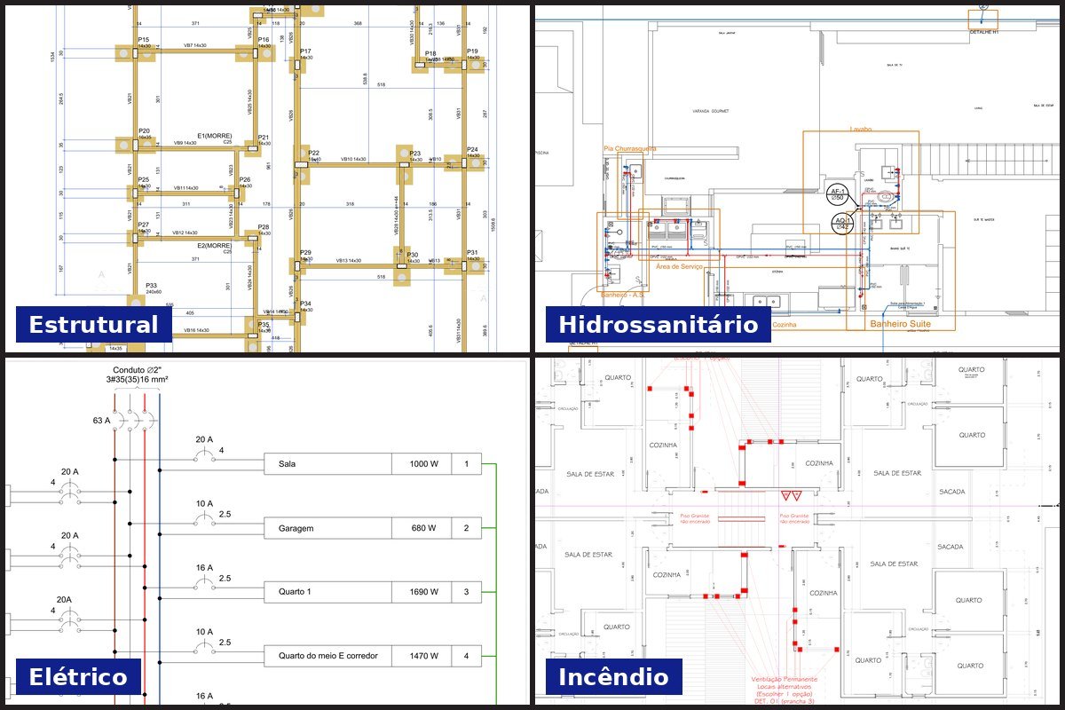 Montagem com trechos de quatro projetos: forma estrutural, instalações hidrossanitárias, instalações elétricas e prevenção contra incêndio